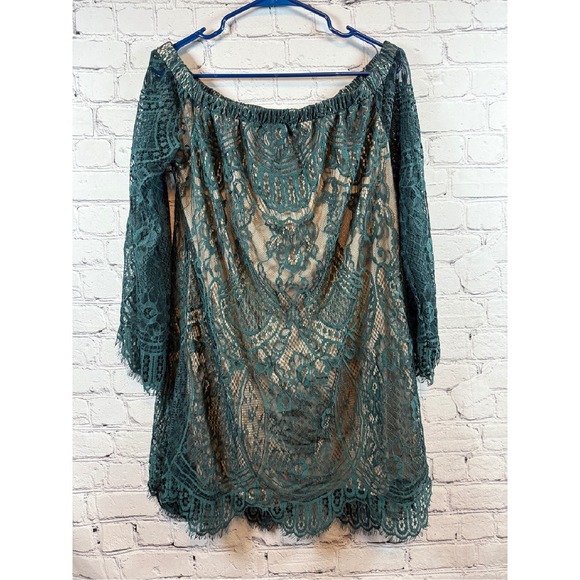 Love Fire Lace‎ Dress Long Sleeve Off Shoulder Green L - Picture 1 of 4